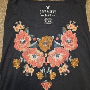 American Eagle Outfitters Black Floral Embroidered Tank Top